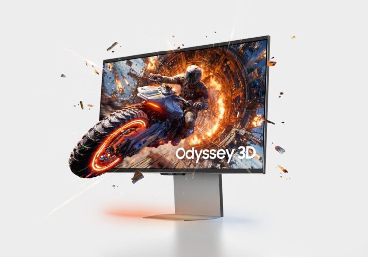 نمای تبلیغاتی مانیتور گیمینگ Samsung Odyssey 3D با افکت سه‌بعدی خروج موتور از صفحه، نمایش گرافیک سینمایی و فناوری 6K فوق‌وضوح