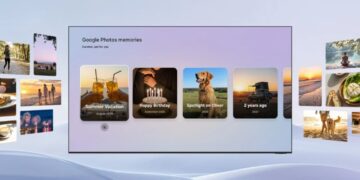 رابط کاربری بخش "Google Photos memories" روی یک تلویزیون سامسونگ که آلبوم‌های مختلفی مانند تعطیلات تابستانی و تولد را نمایش می‌دهد.
