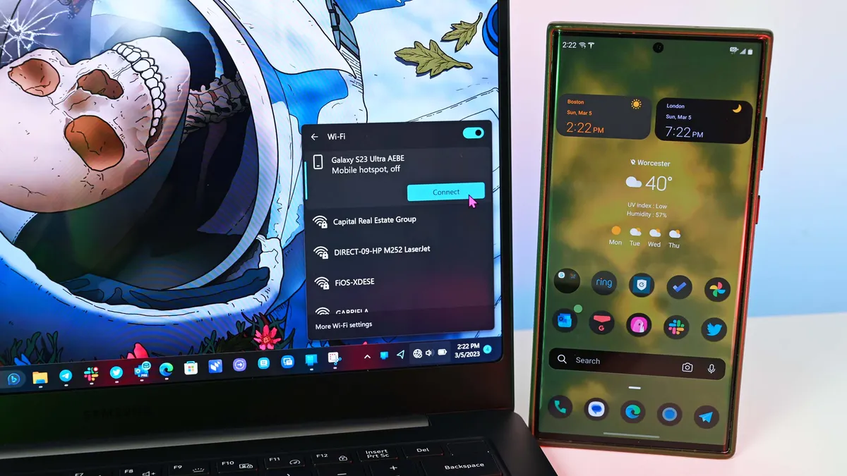 لپ‌تاپ ویندوزی که از طریق منوی وای‌فای به هات‌سپات گوشی گلکسی متصل می‌شود.
