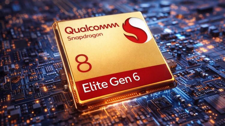 رندر گرافیکی تراشه Qualcomm Snapdragon 8 Elite Gen 6 با طراحی طلایی، قرارگرفته روی برد مدار چاپی با نورپردازی دیجیتال