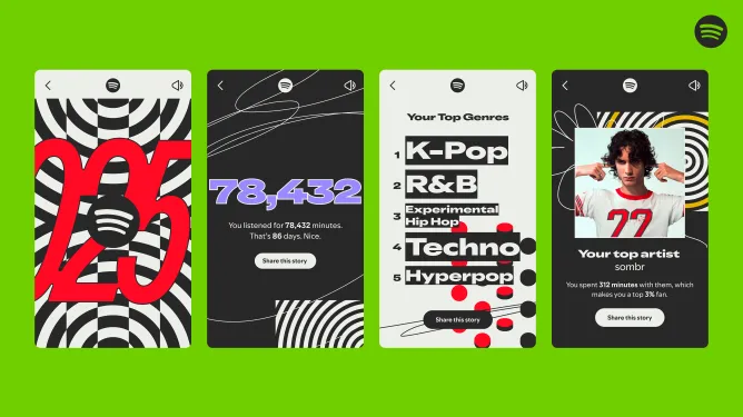 چهار صفحه از استوری‌های اسپاتیفای رپد ۲۰۲۵ که مجموع دقایق پخش، ژانرهای برتر و هنرمند محبوب کاربر را نمایش می‌دهند.