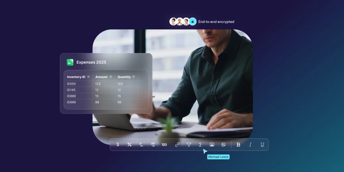مردی در حال کار با لپ‌تاپ و تصویری از یک جدول موجودی به همراه عبارت "End-to-end encrypted" در گوشه بالا سمت راست.