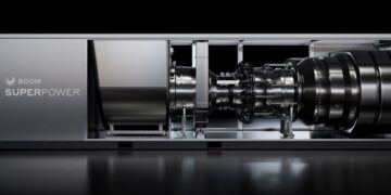 تصویر گرافیکی از توربین "Superpower" در یک محیط صنعتی که ساختار داخلی موتور آن قابل مشاهده است.