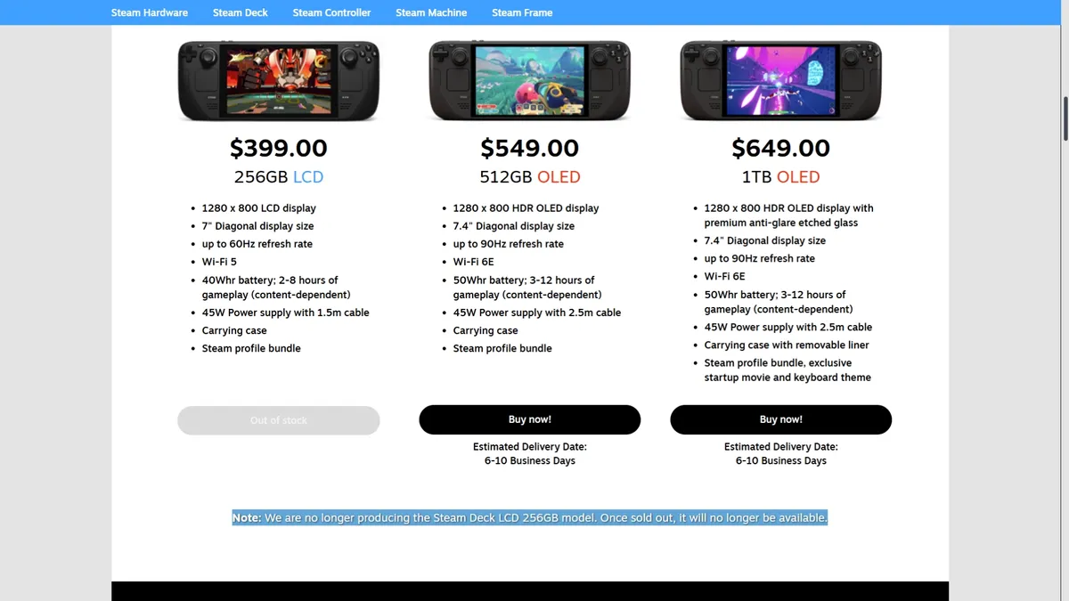 نمای صفحه رسمی فروش Steam Deck با نمایش مدل‌های مختلف شامل نسخه 256GB LCD و نسخه‌های 512GB و 1TB OLED، مشخصات فنی، قیمت‌گذاری، گزینه خرید و اطلاعات زمان تحویل