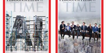 دو کاور مجله تایم با عنوان Person of the Year: Architects of AI؛ کاور اول شامل ساختار فلزی عظیم در شکل حروف AI با جزئیات صنعتی و مهندسی، و کاور دوم نمایش گروهی از رهبران صنعت هوش مصنوعی نشسته روی تیر فلزی بر فراز شهر