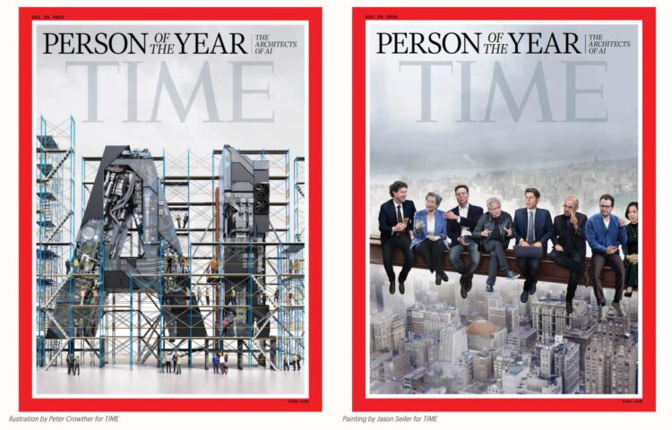 دو کاور مجله تایم با عنوان Person of the Year: Architects of AI؛ کاور اول شامل ساختار فلزی عظیم در شکل حروف AI با جزئیات صنعتی و مهندسی، و کاور دوم نمایش گروهی از رهبران صنعت هوش مصنوعی نشسته روی تیر فلزی بر فراز شهر