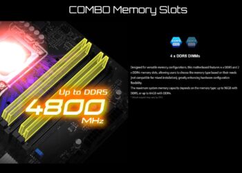 تصویری از مادربورد با اسلات‌های حافظه DDR5 برجسته شده به رنگ زرد و متنی که سرعت $4800 \text{ MHz}$ و سازگاری با DDR4 و DDR5 را نشان می‌دهد.
