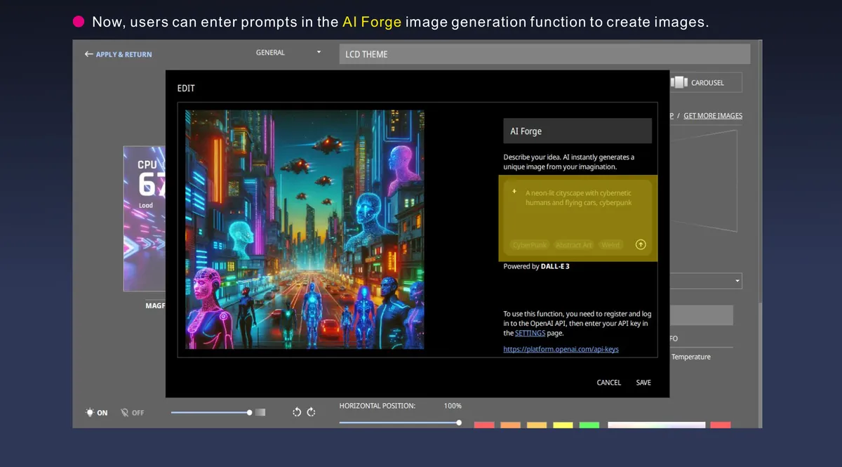 محیط نرم‌افزاری "AI Forge" برای تولید تصویر با استفاده از DALL-E 3 جهت شخصی‌سازی نمایشگر خنک‌کننده کامپیوتر.