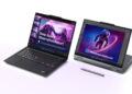 نمای تبلیغاتی لپتاپهای Lenovo ThinkPad X1 Carbon Gen 14 و ThinkPad X1 2‑in‑1 Gen 11 Aura Edition با نمایش طراحی حرفهای، حالت لپتاپ و تبلت، قلم دیجیتال و اجرای ویندوز