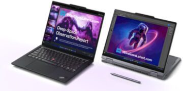 نمای تبلیغاتی لپ‌تاپ‌های Lenovo ThinkPad X1 Carbon Gen 14 و ThinkPad X1 2‑in‑1 Gen 11 Aura Edition با نمایش طراحی حرفه‌ای، حالت لپ‌تاپ و تبلت، قلم دیجیتال و اجرای ویندوز