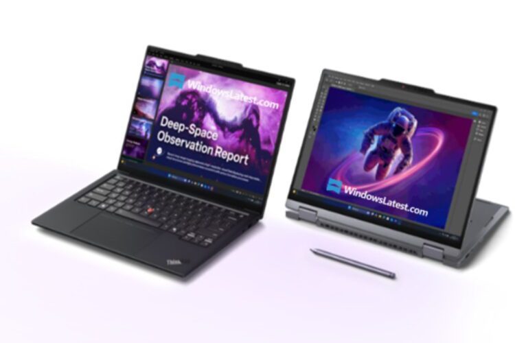 نمای تبلیغاتی لپ‌تاپ‌های Lenovo ThinkPad X1 Carbon Gen 14 و ThinkPad X1 2‑in‑1 Gen 11 Aura Edition با نمایش طراحی حرفه‌ای، حالت لپ‌تاپ و تبلت، قلم دیجیتال و اجرای ویندوز