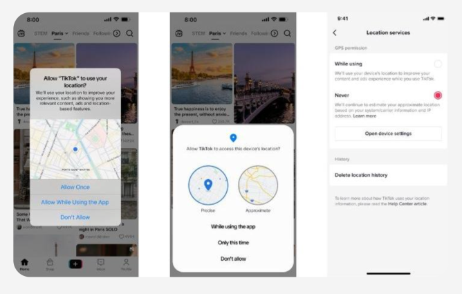 سه‌ اسکرین‌شات از محیط اپلیکیشن تیک‌تاک که پیام‌های درخواست دسترسی به موقعیت مکانی (Location) و صفحه تنظیمات حریم خصوصی آن را نشان می‌دهند.