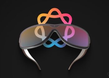 طرحی مفهومی از عینک هوشمند تیره اپل با یک لوگوی دایره‌ای رنگارنگ در پس‌زمینه مشکی.