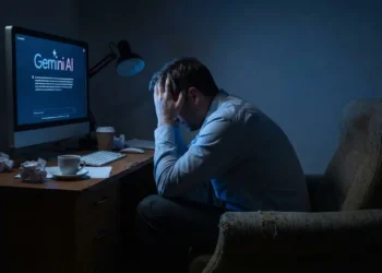 تصویر مفهومی از فضای کاری شبانه با نمایش صفحه Gemini AI روی مانیتور، نورپردازی تاریک و عناصر میز کار، القای چالش‌ها و فشارهای استفاده از ابزارهای هوش مصنوعی در محیط دیجیتال