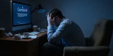 تصویر مفهومی از فضای کاری شبانه با نمایش صفحه Gemini AI روی مانیتور، نورپردازی تاریک و عناصر میز کار، القای چالش‌ها و فشارهای استفاده از ابزارهای هوش مصنوعی در محیط دیجیتال