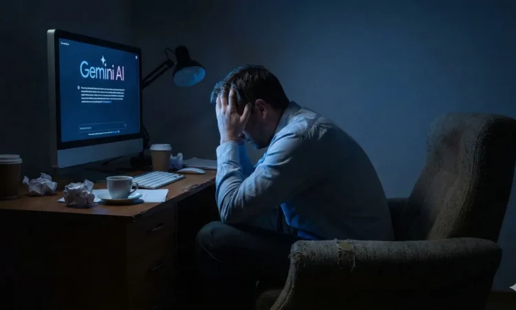 تصویر مفهومی از فضای کاری شبانه با نمایش صفحه Gemini AI روی مانیتور، نورپردازی تاریک و عناصر میز کار، القای چالش‌ها و فشارهای استفاده از ابزارهای هوش مصنوعی در محیط دیجیتال