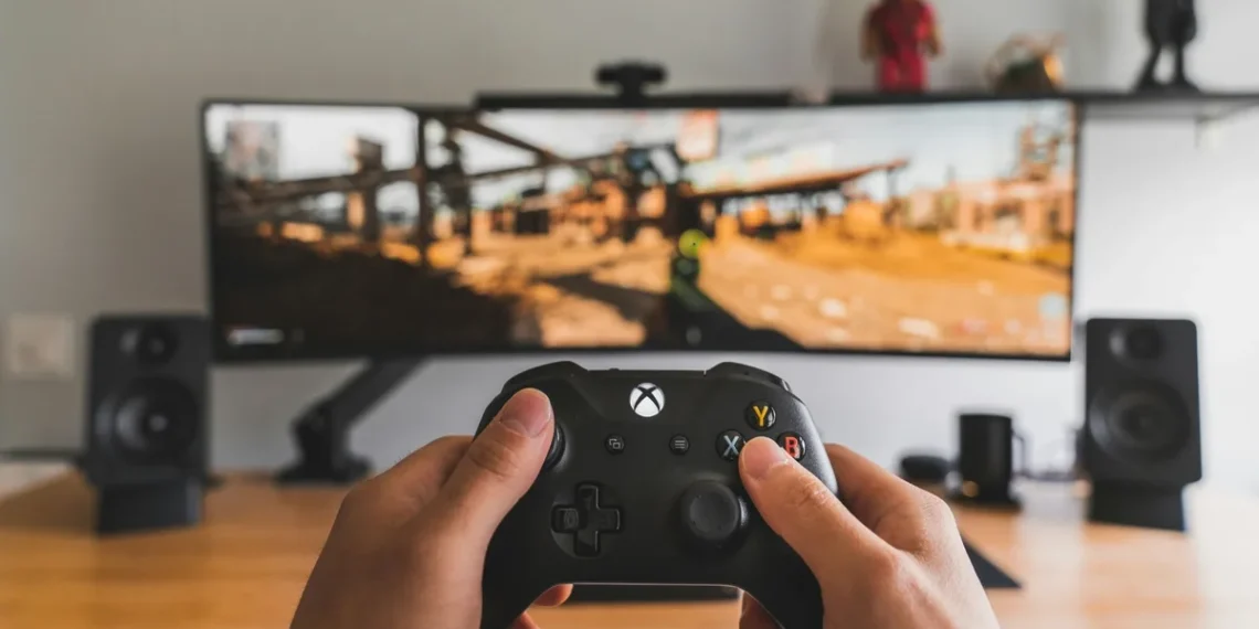 نمای اول شخص گیمینگ با کنترلر ایکس‌باکس روی میز، نمایشگر بزرگ با تصویر بازی اکشن، اسپیکرهای استودیویی و تزئینات شلف در پس‌زمینه، تمرکز بر تجربه بازی و تجهیزات گیمینگ