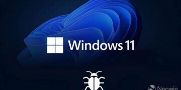 لوگوی گرافیکی ویندوز ۱۱ که در زیر آن آیکون سفید یک حشره (نشاندهنده باگ نرمافزاری) قرار دارد.