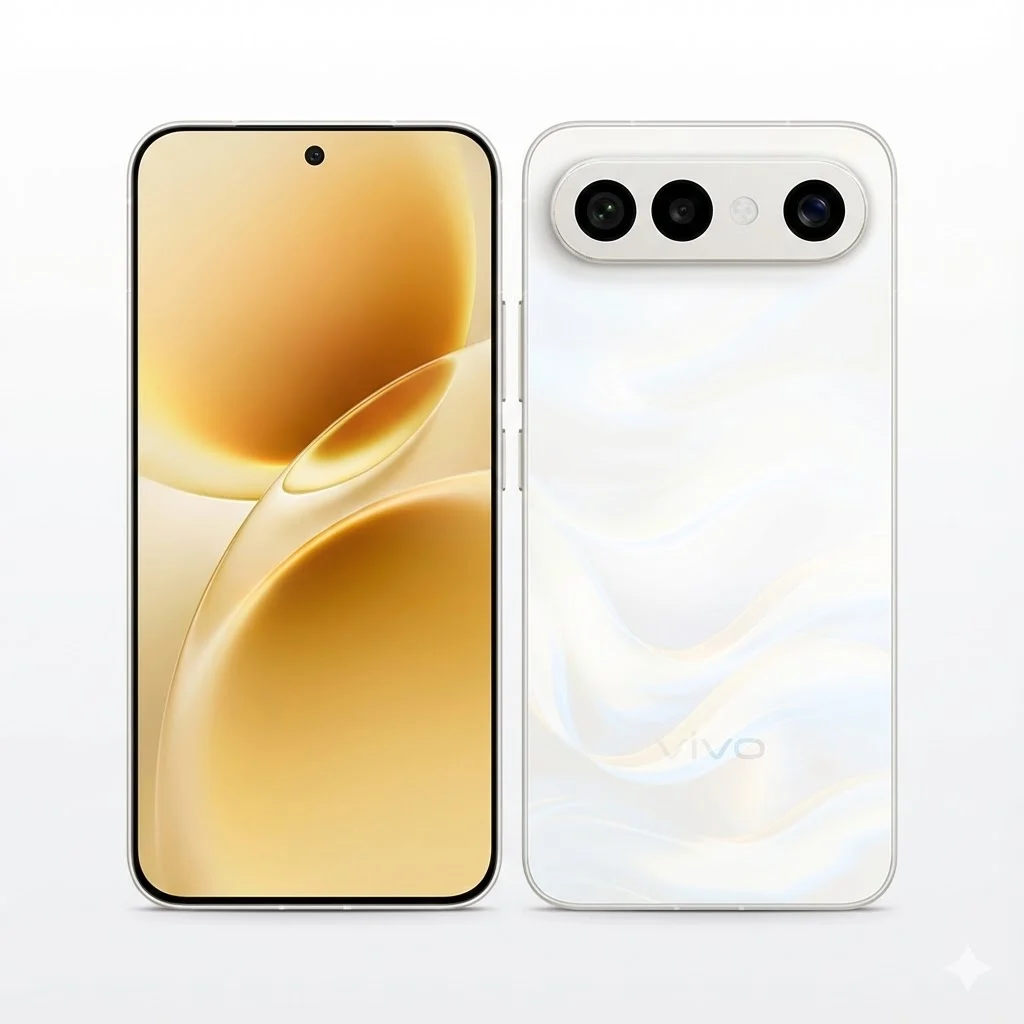 نمای جلو و پشت گوشی سفید رنگ ویوو S50 Pro Mini با بدنه طرح‌دار صدف‌گونه.