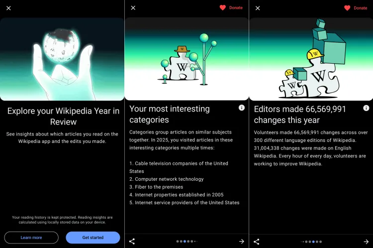 سه اسکرینشات از رابط کاربری اپلیکیشن ویکیپدیا که قابلیت جدید «مرور سالانه» (Year in Review) و آمار موضوعات مورد علاقه کاربر را نمایش میدهد.
