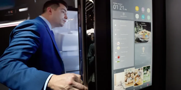 مردی در حال باز کردن درب یک یخچال هوشمند سامسونگ مجهز به صفحه نمایش بزرگ.