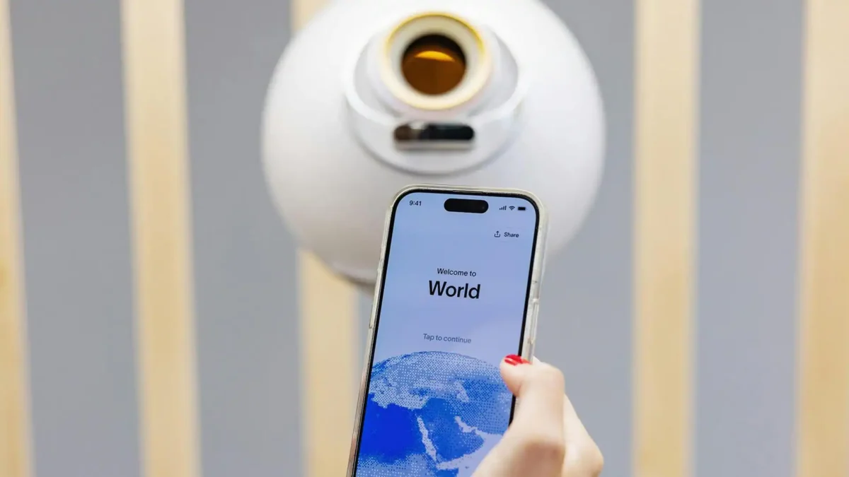 گوشی آیفون که صفحه خوشآمدگویی اپلیکیشن World را در مقابل دستگاه اسکن عنبیه (Orb) نشان میدهد.