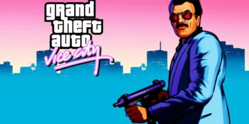 پوستر رسمی Grand Theft Auto: Vice City با لوگوی بازی، پس‌زمینه گرادینتی صورتی و آبی، سیلوئت شهر ساحلی و کاراکتر مسلح در سبک گرافیکی کلاسیک، نماد هویت بصری و حال‌و‌هوای جنایی سری GTA