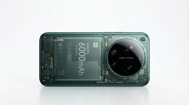 تصویر شماتیک از اجزای داخلی شیائومی 17 اولترا که باتری لیتیوم-پلیمری با ظرفیت ۶۰۰۰ میلی‌آمپر ساعت و ماژول دوربین لایکا را نمایش می‌دهد.