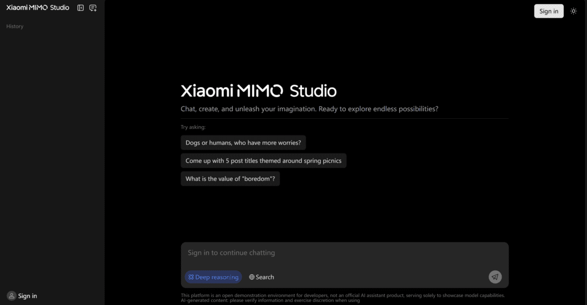 صفحه خوش‌آمدگویی ابزار هوش مصنوعی Xiaomi MiMo Studio با گزینه‌های پیشنهادی.