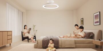 چراغ سقفی هوشمند و حلقهای شیائومی در فضای اتاق خواب با نوردهی یکنواخت.