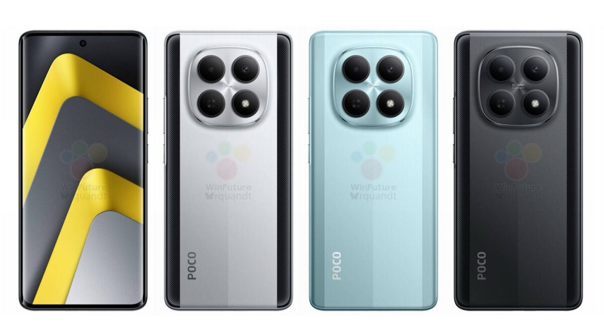 نمای روبرو و پشت چهار گوشی پوکو M8 در رنگهای نقرهای، آبی روشن و مشکی با ماژول دوربین دایرهای بزرگ.