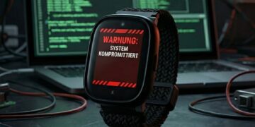 ساعت هوشمند مشکی با پیام هشدار قرمز «سیستم هک شده» به زبان آلمانی در مقابل لپ‌تاپ.