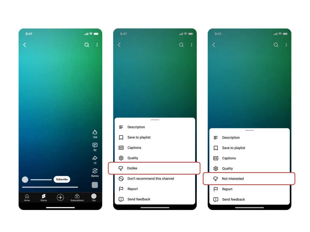 سه اسکرین‌شات از محیط اپلیکیشن یوتیوب که تست تغییر نام گزینه «Dislike» به «Not interested» را نشان می‌دهد.