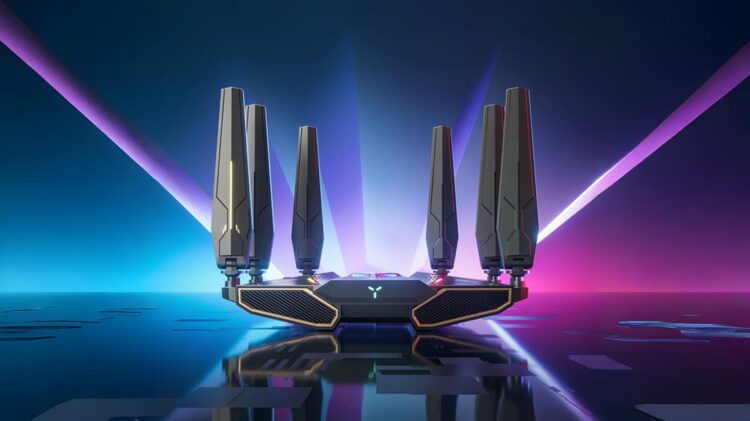 نمای استودیویی روتر ZTE WenTian BE7200 Max Wi‑Fi 7 با طراحی گیمینگ، ۸ آنتن قدرتمند، بدنه زاویه&zwnj;دار و نورپردازی RGB روی پس&zwnj;زمینه نئونی آبی و بنفش