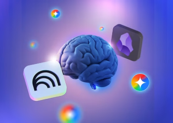 تصویر یک مغز آبی‌رنگ سه بعدی که در میان آیکون‌های معلق نرم‌افزارهای جمنای (Gemini)، NotebookLM و ابسیدین (Obsidian) قرار دارد.