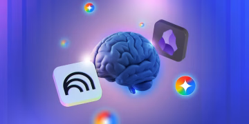 تصویر یک مغز آبی‌رنگ سه بعدی که در میان آیکون‌های معلق نرم‌افزارهای جمنای (Gemini)، NotebookLM و ابسیدین (Obsidian) قرار دارد.