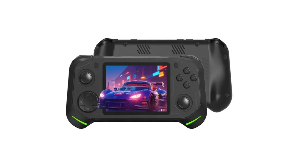 کنسول دستی Abxylute E1 با طراحی مشکی و چراغهای سبز در حال اجرای بازی مسابقهای روی نمایشگر
