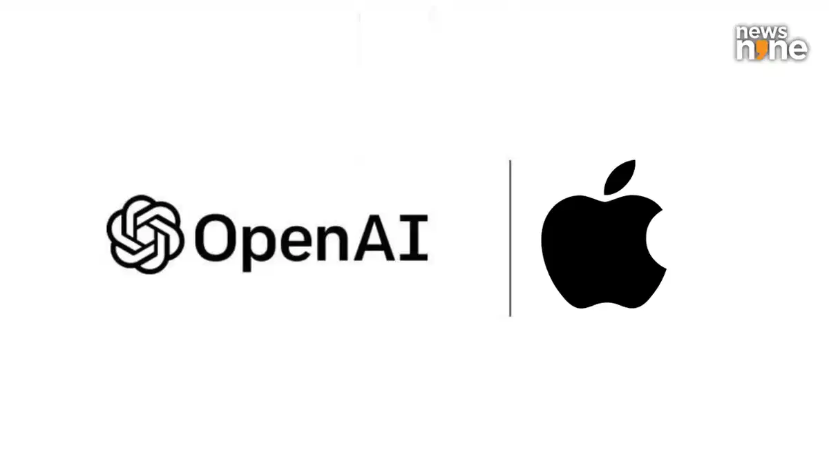 لوگوی شرکت OpenAI در کنار لوگوی شرکت اپل که نشان‌دهنده همکاری یا ارتباط بین این دو برند است.