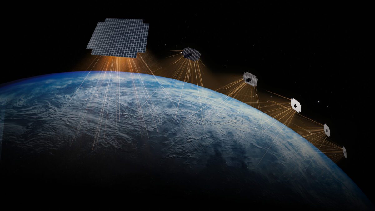 نمای شماتیک از منظومه ماهواره‌ای AST SpaceMobile که پوشش شبکه موبایلی ماهواره‌ای را از مدار زمین برای اتصال مستقیم گوشی‌های هوشمند نشان می‌دهد.