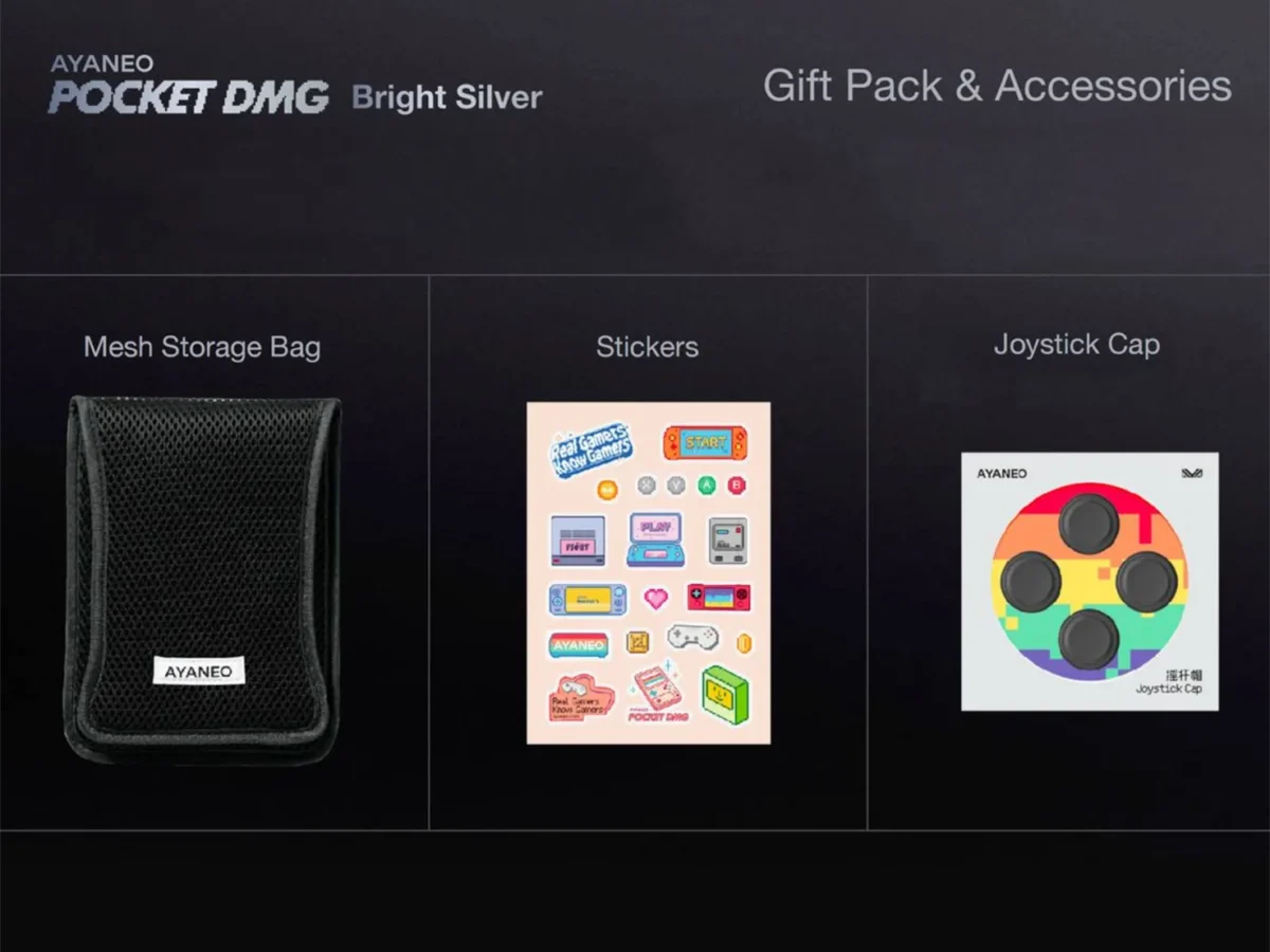 تصویری از هدایا و لوازم جانبی کنسول دستی Pocket DMG در مدل نقرهای مثل کیف نگهدارنده و یک سری استیکر