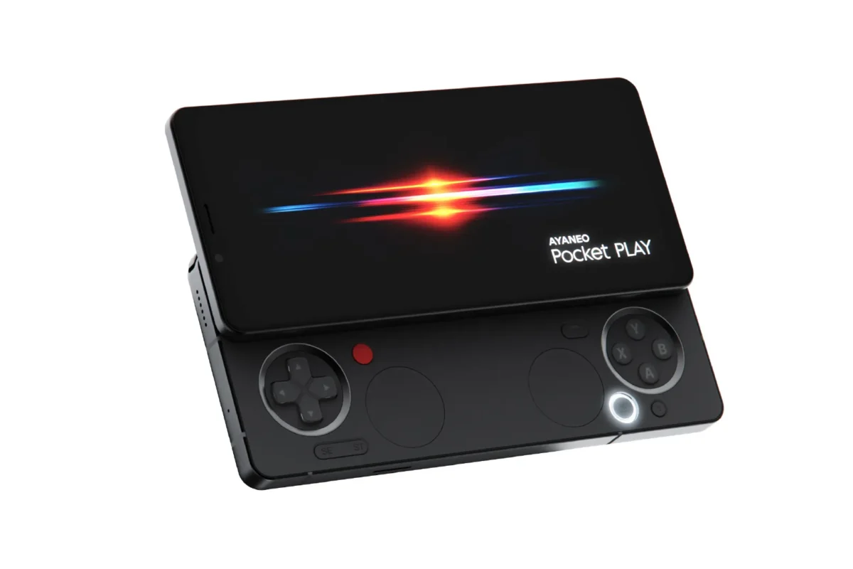 کنسول بازی دستی مشکی Ayaneo Pocket PLAY در حالت باز با کنترلر کشویی نمایان.