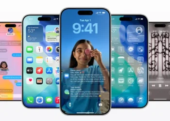 تصویر تبلیغاتی بتای iOS با نمایش چند مدل آیفون و صفحه‌ های مختلف رابط کاربری، معرفی تغییرات ظاهری صفحه قفل، هوم‌ اسکرین و ویجت‌ های سیستم‌ عامل iOS