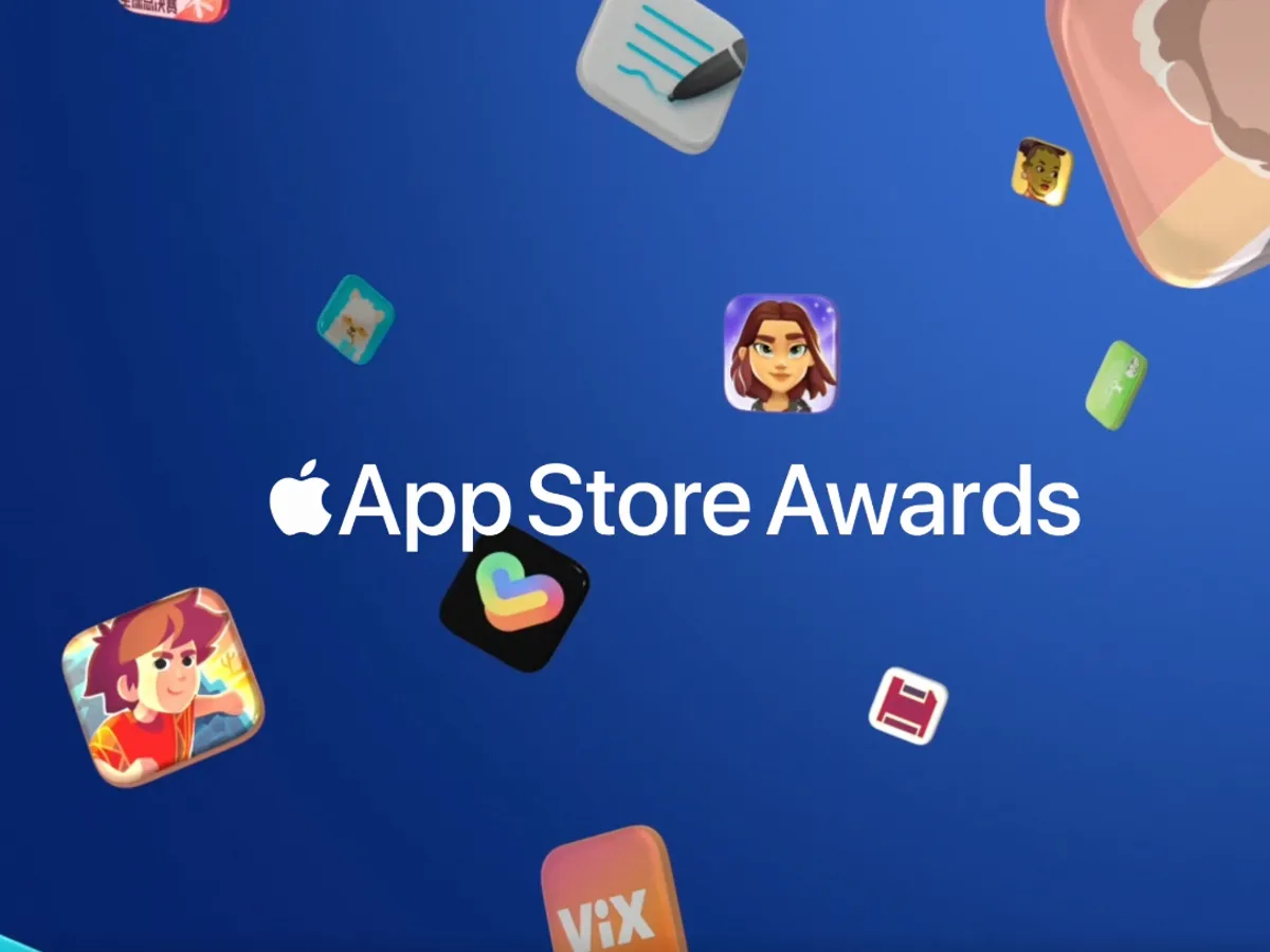 تصویری از عنوان رویداد اپ استور اواردز در کنار لوگوی معروف اپل و آیکون چند اپلیکیشن و بازی