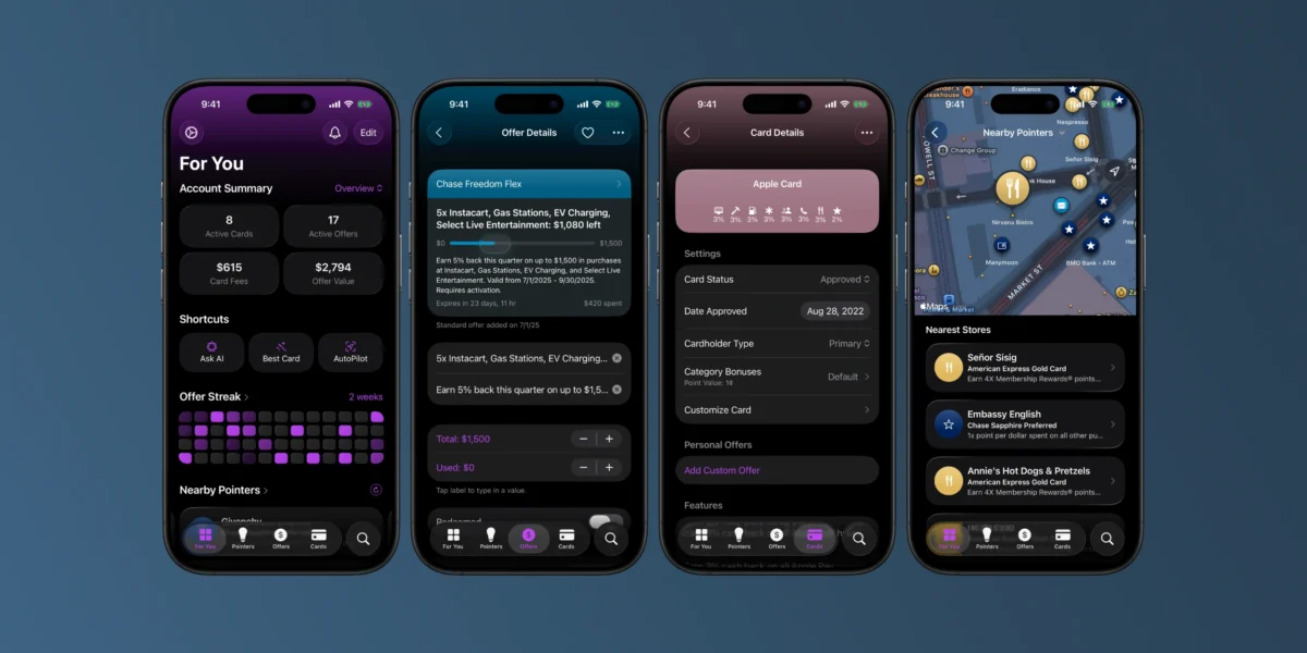 چهار اسکرین‌شات از برنامه CardPointers برای iOS که خلاصه‌های حساب، پیشنهادات کارت‌های اعتباری، جزئیات کارت و مکان‌یاب پیشنهادات نزدیک را در حالت تاریک نمایش می‌دهد.