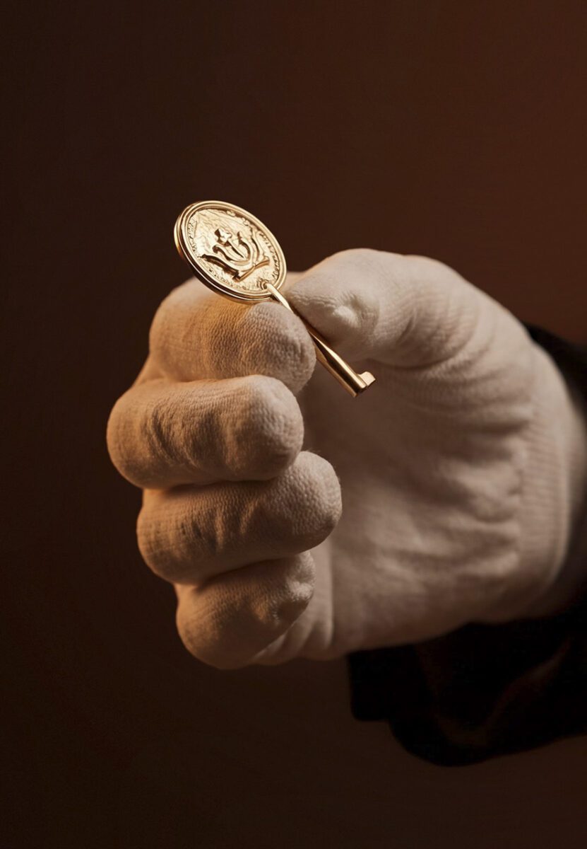 نمای نزدیک از یک کلید طلایی منقوش که گوشی طلایی پنهان کاویار را باز می کند