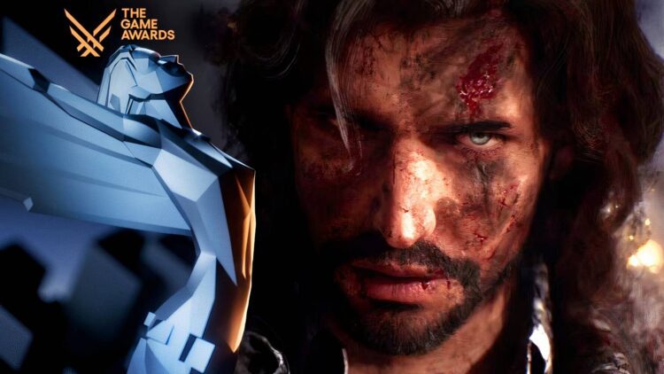 تصویر رسمی معرفی بازی Clair Obscur: Expedition 33 در رویداد The Game Awards، با مجسمه نمادین TGA در پیش&zwnj;زمینه و فضای تاریک دراماتیک پس&zwnj;زمینه