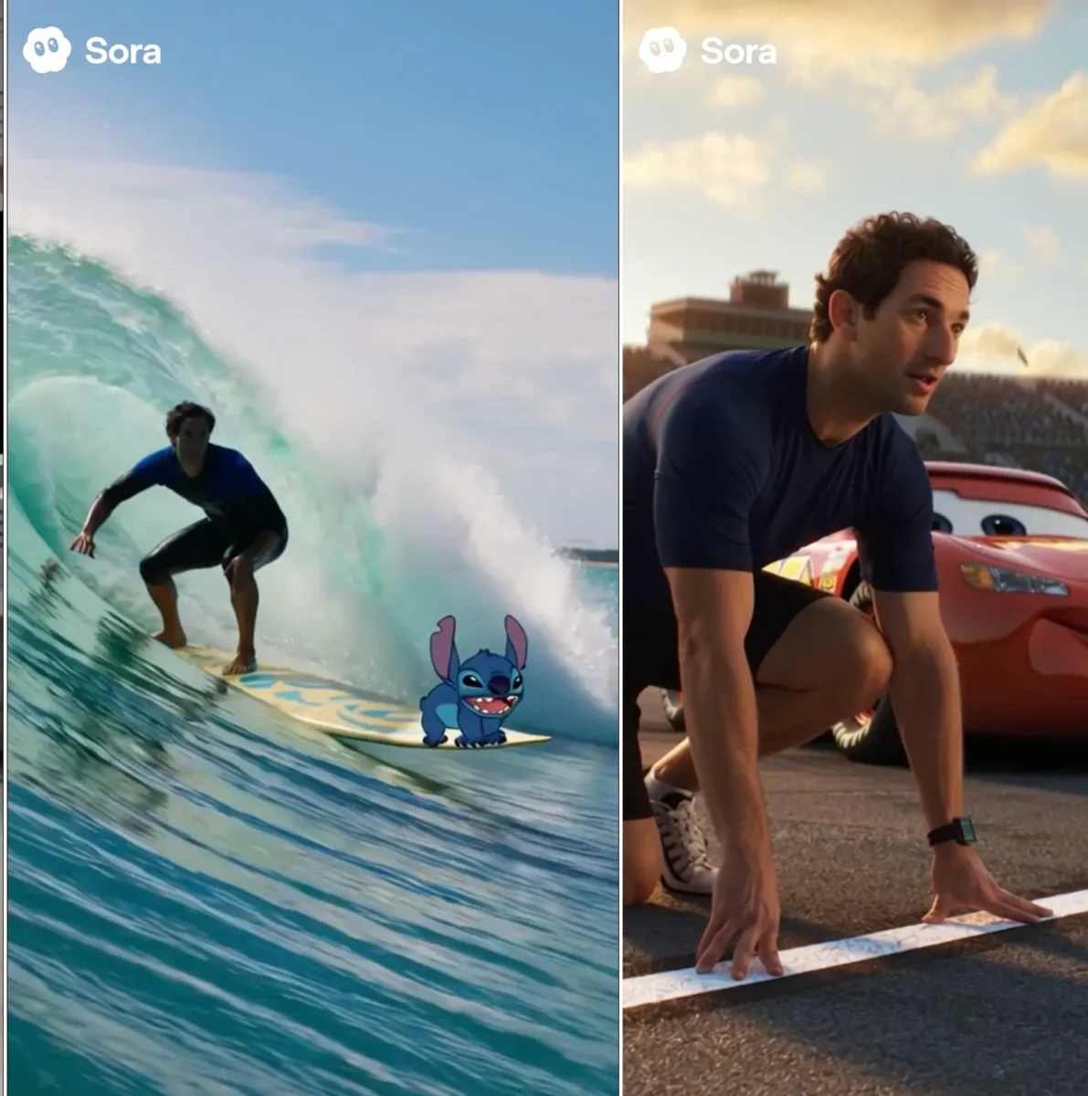 مقایسه دو ویدیو ساخته شده توسط هوش مصنوعی Sora که شخصیتهای دیزنی (استیچ و لایتنینگ مککوئین) را در محیط واقعی نشان میدهد.