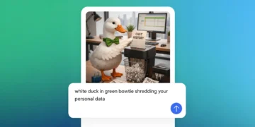 نمای رابط کاربری Duck.ai در DuckDuckGo با ابزار تولید تصویر هوش مصنوعی، نمایش پیش‌نمایش لوگوی DuckDuckGo به‌صورت رندر فتورئال با نماد اردک و پاپیون سبز، تمرکز بر قابلیت‌های Image Generation و حفظ حریم خصوصی
