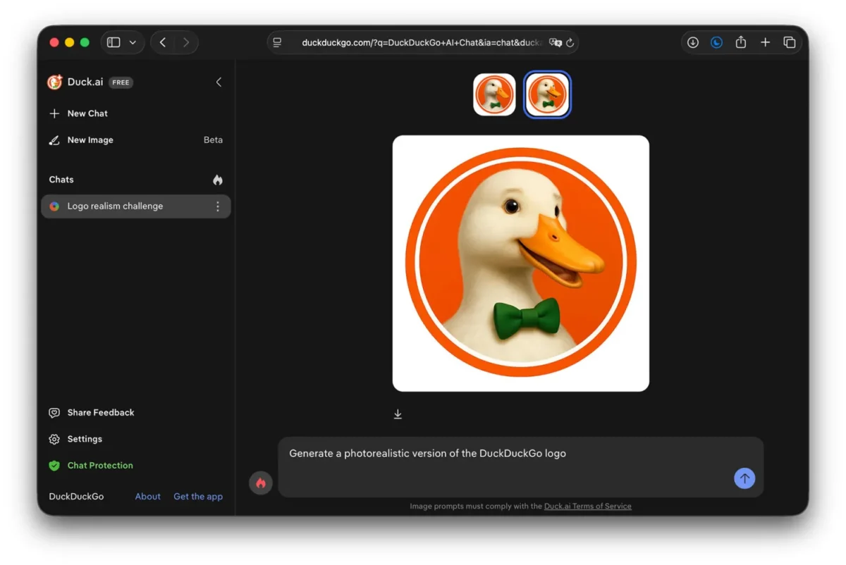 نمونه تصویر تولیدشده توسط Duck.ai با نمایش نماد اردک DuckDuckGo در فضای کاری، اشاره به پردازش و حذف داده‌ها، همراه با پرامپت متنی در کارت رابط کاربری، مرتبط با قابلیت تولید تصویر و حفاظت از داده‌های شخصی